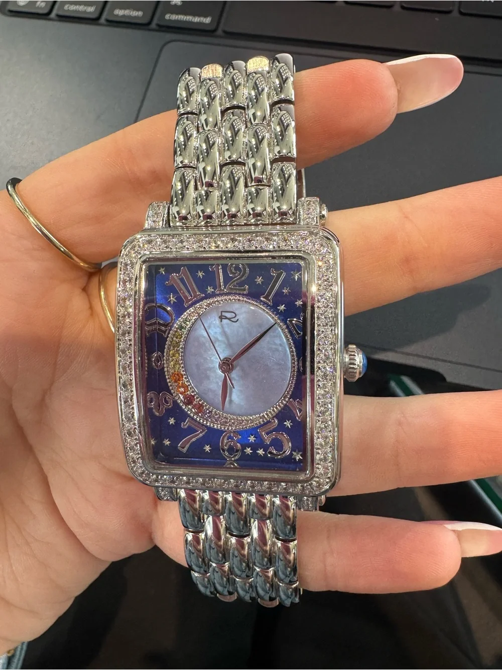 New Rocawear Women’s Silver Tone Rectangular Celestial Watch w/ Rainbow